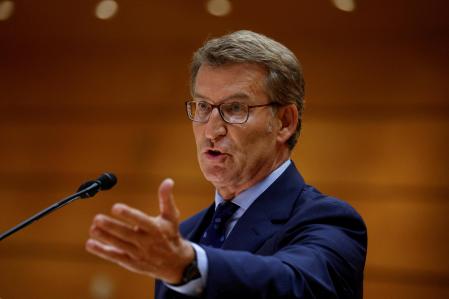 FILE PHOTO: Spain's opposition People's Party (PP) leader Alberto Nunez Feijoo speaks during a session at the Spanish Senate in Madrid, Spain, September 6, 2022. REUTERS/Susana Vera/File Photo