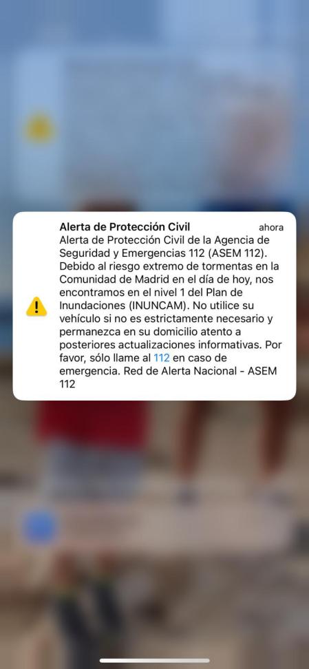 El mensaje de Protección Civil que han recibido los ciudadanos de la Comunidad de Madrid este domingo, de alerta por el temporal.