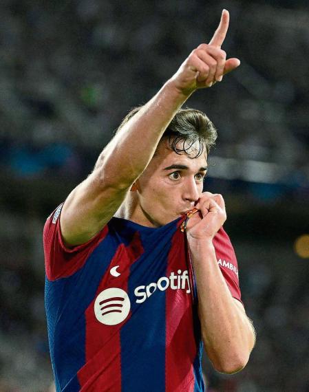 Barcelona's Spanish midfielder #06 Gavi celebrates after scoring his team's fourth goal during the UEFA Champions League 1st round day 1 Group H football match between FC Barcelona and Royal Antwerp FC at the Estadi Olimpic Lluis Companys in Barcelona on September 19, 2023. (Photo by Josep LAGO / AFP)