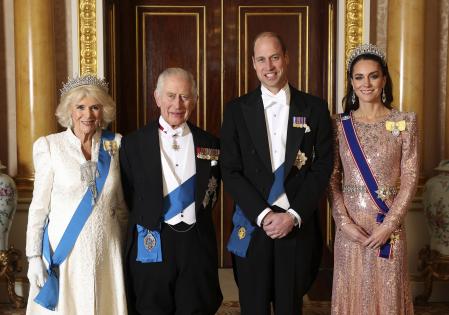 Britain's Queen Camilla, King Charles III, Prince William and Kate, Princess of Wales pose for a photograph ahead of the Diplomatic Reception in the 1844 Room at Buckingham Palace in London, England, Tuesday Dec. 5, 2023. (Photo by Chris Jackson Pool/Getty Images)