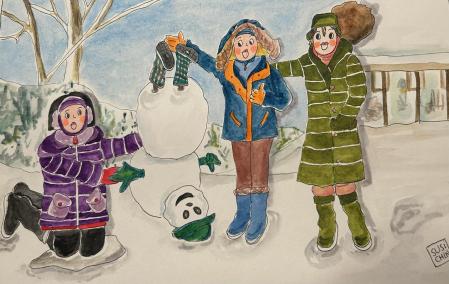 Las tres Tietes de Susi Chin con el muñeco de nieve.