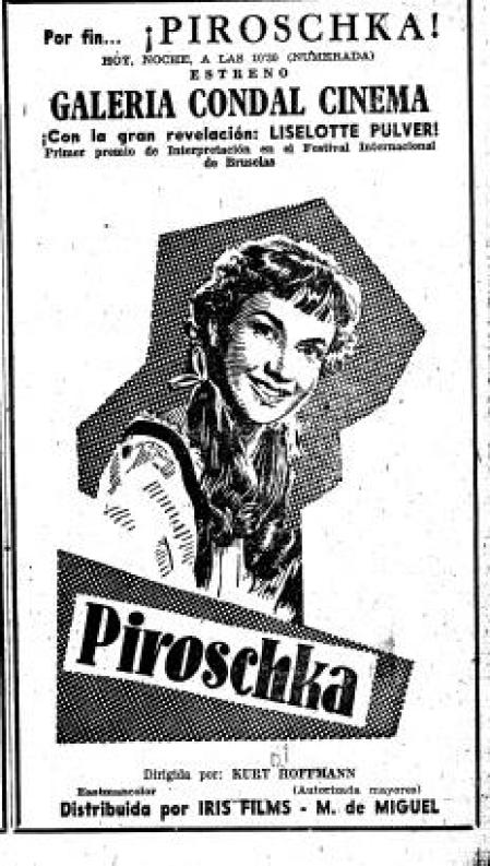 Anuncio del estreno de 'Piroschka' en el Galería Condal.