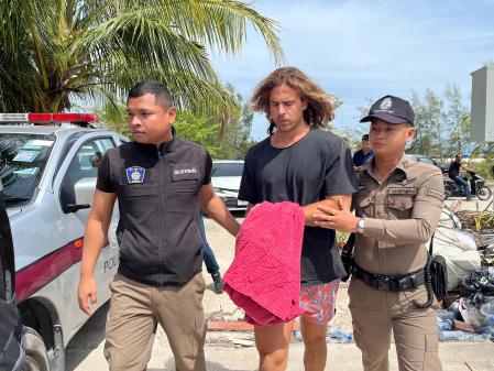 Daniel Sancho Bronchalo, the son of Spanish actor Rodolfo Sancho Aguirre is escorted while assisting Thai police with investigations after he was arrested on charges of murder in the death and dismemberment of his Colombian travelling companion Edwin Arrieta Arteaga on the tourist island of Koh Phangan, Thailand August 7, 2023. REUTERS/Stringer NO RESALES. NO ARCHIVES