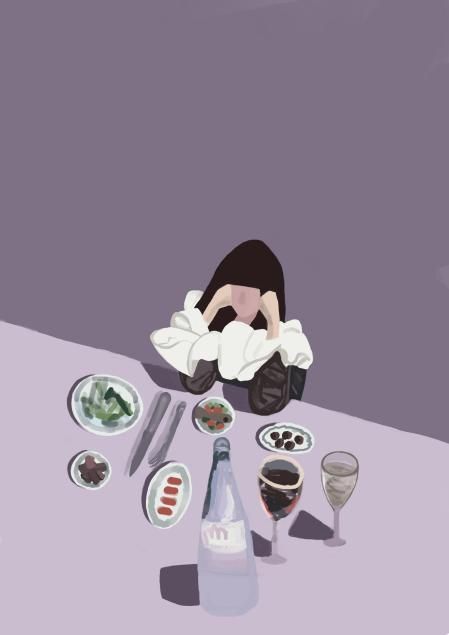Ilustración de una mujer comiendo sola