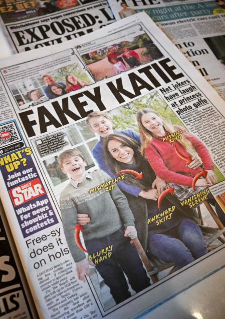 A picture shows stories in Britain's national newspapers, about the altered mother's day photo released by Kensington Palace on March 10, of Britain's Catherine, Princess of Wales and her children, in London on March 12, 2024. The Princess of Wales on Monday apologised and admitted to editing an official portrait of her released by the palace that prompted AFP and other agencies to withdraw the altered image. Kensington Palace, however, said it would not republish the original, unedited photo. (Photo by Paul ELLIS / AFP)