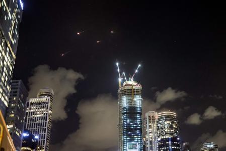 This picture shows projectiles being intercepted by Israel above Tel Aviv on October 1, 2024. Air raid sirens sounded in central Israel on October 1, the military said, a day after the army launched ground operations into southern Lebanon targeting Hezbollah positions. 
