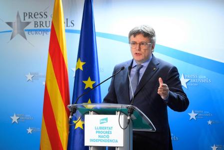 CORRECTION / Fugitive Catalan independence leader and MEP Carles Puigdemont, gives a press conference, one year after the signature of an agreement with the Socialist Party to form a new government in Brussels on December 9, 2024. (Photo by JOHN THYS / AFP) / #{emoji}147;The erroneous mention[s] appearing in the metadata of this photo by JOHN THYS has been modified in AFP systems in the following manner: [December 9] instead of [December 4]. Please immediately remove the erroneous mention[s] from all your online services and delete it (them) from your servers. If you have been authorized by AFP to distribute it (them) to third parties, please ensure that the same actions are carried out by them. Failure to promptly comply with these instructions will entail liability on your part for any continued or post notification usage. Therefore we thank you very much for all your attention and prompt action. We are sorry for the inconvenience this notification may cause and remain at your disposal for any further information you may require.#{emoji}148;