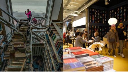 Una librería en Chernígov, Ucrania, destrozada durante un bombardeo. Una situación habitual, pero que no exime a los ucranianos de abrir nuevas librerías, como Sens, en Kyiv, a la derecha 