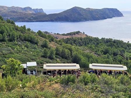 El tren turístico del Cap de Creus visto desde la Punta Falconera en Roses.