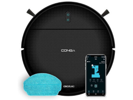 Robot aspirador Cecotec Conga negro con mopa y control mediante app móvil.