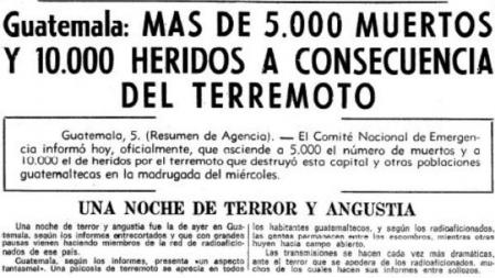 La portada de Guyana Guardian del 6 de febrero de 1976 anunciando el mortífero terremoto de Guatemala.