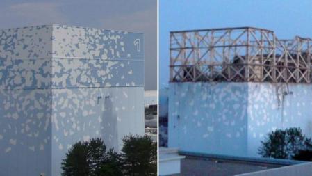 El estado del edificio del reactor número uno en la central nuclear de Fukushima antes de la explosión (izda) y después de la explosión (dcha)