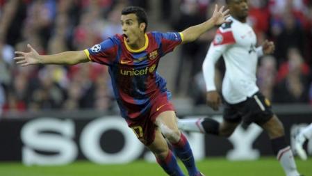 Pedro celebra el primer gol del partido de la final de la Champions League disputada en Wembley