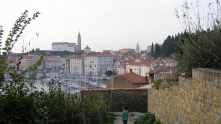 Una de las callejuelas que descienden la colina entre casas y huertos hasta el centro de Piran