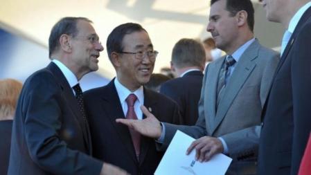 El presidente sirio, Bashar el Asad, junto a Javier Solana y Ban Ki-Mun.
