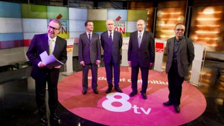 Cuatro de los cabezas de lista por Barcelona; Alfred Bosch (ERC), Josep Antoni Duran i Lleida (CiU), Jorge Fernández Díaz (PPC) y Joan Coscubiela (ICV-EUiA) en el plató de '8tv'
