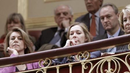 La presidenta de la Comunidad de Castilla-La Mancha, María Dolores de Cospedal; la esposa del líder del PP, Mariano Rajoy, Elvira Fernández; el presidente de la Generalitat valenciana, Alberto Fabra, y la presidenta de la Comunidad de Madrid, Esperanza Aguirre