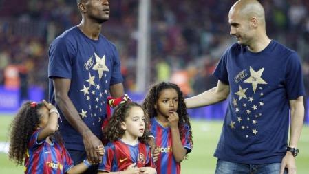 Guardiola y Abidal, en la celebración de la consecución de la Liga 2010-2011
