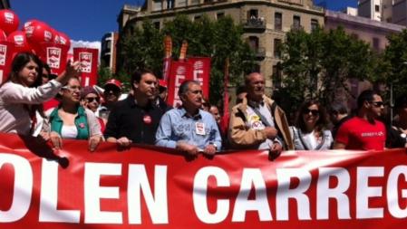 Pancarta que encabeza la protesta del Primero de Mayo en Barcelona