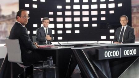 Hollande y Sarkozy, en los minutos previos al inicio del cara a cara clave para la segunda vuelta de las elecciones presidenciales francesas