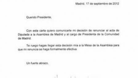 La carta de dismisión de Esperanza Aguirre