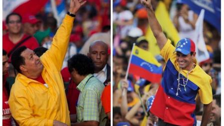 El presidente de Venezuela, Hugo Chavez, y el candidato de la oposición Henrique Capriles, en sendos actos de cierre de campaña
