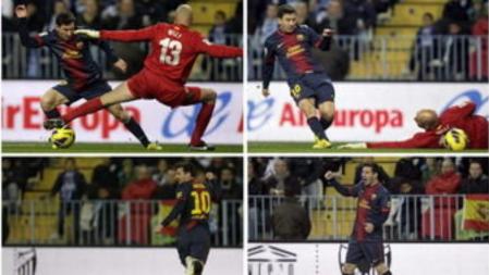 Combo de cuatro acciones del delantero argentino del Barcelona Lionel Messi consiguiendo el primer gol para su equipo ante el Málaga