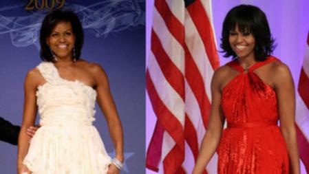 Michelle Obama con los dos vestidos para el baile de investidura que ha lucido, en 2009 y en 2013. Los dos diseños de Jason Wu