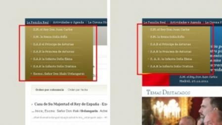 Captura de pantalla de la web de la Casa Real, antes y después de ser eliminado cualquier rastro de Iñaki Urdangarín