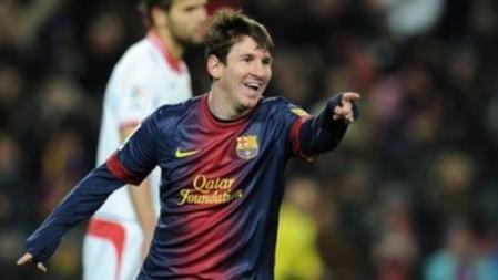 El delantero argentino del Barça Leo Messi celebra el gol conseguido frente al Sevilla