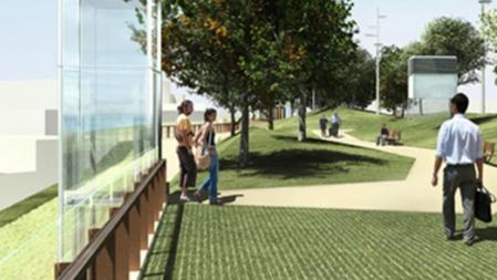 Recreación virtual de la urbanización de la losa que cubre las vías de Sants y uno de los ascensores de acceso lateral