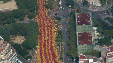 Imagen aérea de la manifestacion en forma de V de la Diada 2014