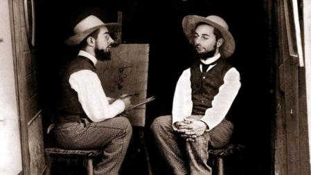 Toulouse Lautrec en su atelier, como pintor y modelo, en un montaje fotográfico de Maurice Guibert (1856-1913).