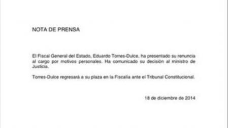 Imagen de la nota de prensa difundida por la Fiscalía del Estadeo sobre la dimisión de Torres-Dulce.