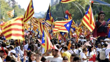 Participantes de la Via Lliure ondean esteladas durante la Diada 2015