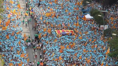 Manifestantes sujetando punteros de color azul en uno de los tramos de la Meridiana