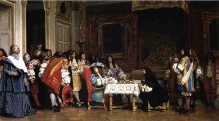 Luis XIV invita a Molière a compartir su cena, representado en una pintura del siglo XIX