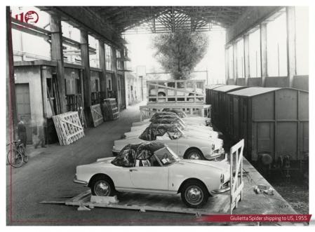 Varios ejemplares del Giulietta Spider, a punto de ser embarcados en un transatlántico rumbo a Estados Unidos