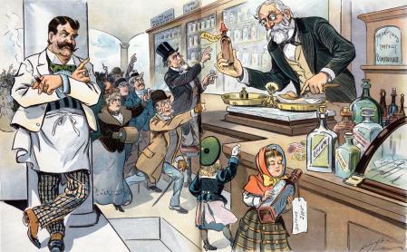 The age of drugs by Louis Dalrymple 1866-1905, artist. 1905 Illustration shows the interior of a drugstore with an elderly man, the pharmacist, dispensing a 