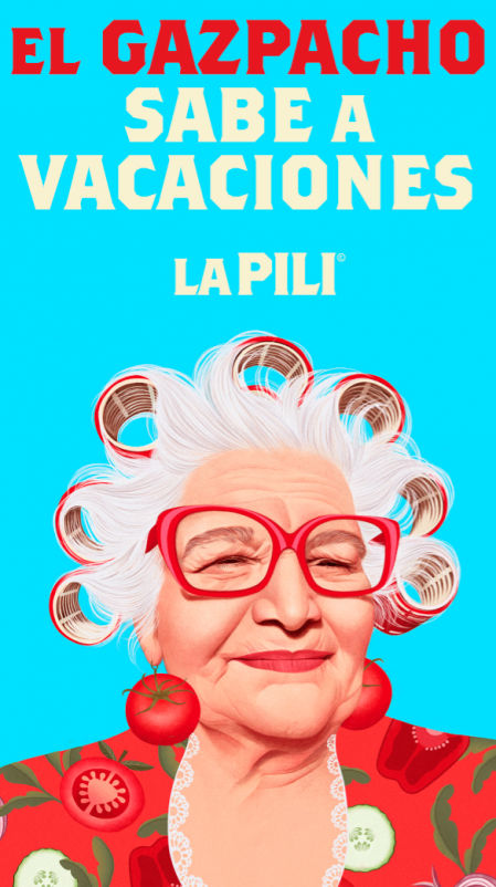 La imagen del gazpacho La Pili, con fondo azul. La imagen de marca es obra de Del Fraile y la ilustración, de Mercedes de Bellard