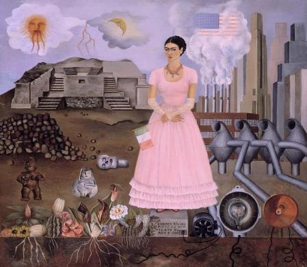 Autorretrato en la frontera entre México y Estados Unidos, obra firmada por Carmen Rivera (Frida Kahlo) en 1932