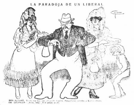 Romanones, aquejado de cojera desde su juventud, era habitualmente caricaturizado en la prensa de la época.