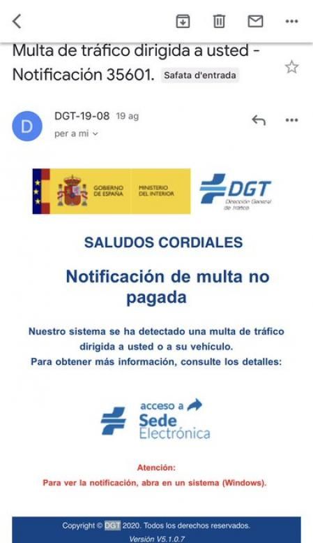Ejemplo de mail fraudulento con una multa de tráfico falsa