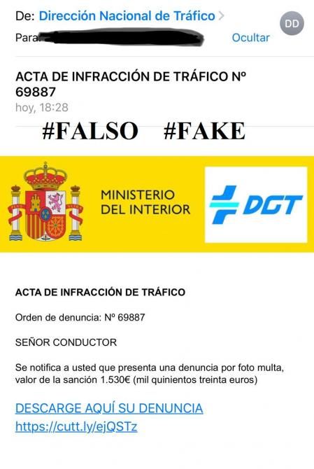 Mail fraudulento en el que se notifica una multa de tráfico falsa de 1.530 euros