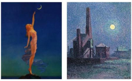 Alcanzando la luna (1933) y Fábrica a la luz de la luna (1898), obras de Edward Eggleston y Maximilien Luce