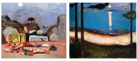 Dos lunas casi idénticas y un siglo de distancia. a la derecha, cuadro de 1979 de Philip Giston, a la derecha,óleo de 1895 de Edvard Munch