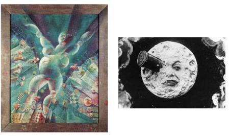 Mujer Luna, obra de Otto Dix de 1919 y fotograma de Un viaje a la Luna de georges Méliès, de 1902