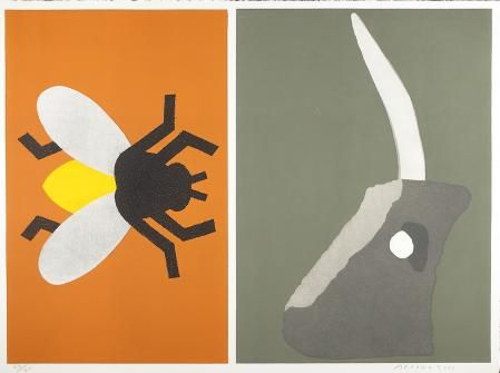 Mosca y Unicornio de Laciana , 2002. Aguafuerte, aguatinta y acetatos para color (7 colores). 53 x 34 cm (huella izquierda); 53 x 38 cm (huella derecha) / 56,5 x 76 cm (papel).