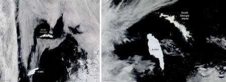 Posición del iceberg A68a el 5 de noviembre de 2020 y ahora.