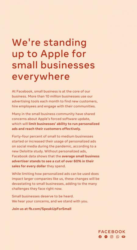 Anuncio de Facebook contra la política de privacidad de Apple en diarios de EE.UU.